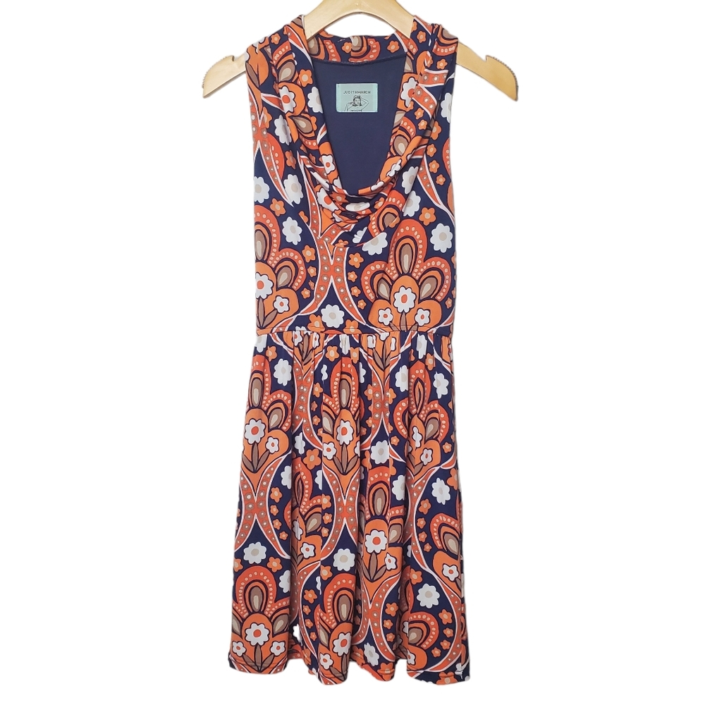 Judith March | Cowl Neck Floral Print Midi Dress | Halter Back Orange Blue | M